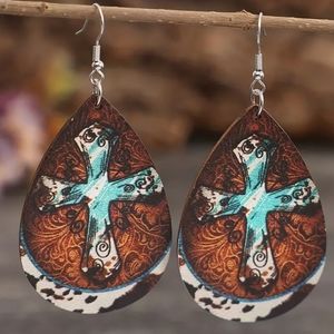 Teardrop Wooden Cross Earrings